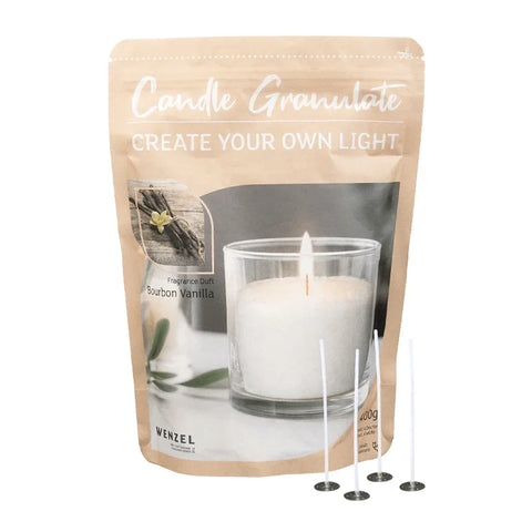 Kerzengranulat mit Duft zum Selbergießen, Bourbon Vanilla, WENZEL, inkl. 4 Dochten & Dochthaltern, 400 g - luterna.de
