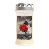 JEKA-Motivkerze "Rose auf Stein, Unvergessen", 100% Pflanzenöl, 75/170 mm, Brenndauer bis zu 4 Tage, Lieferumfang 3 Stück, Grabkerzen - luterna.de