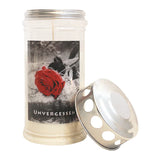 JEKA-Motivkerze "Rose auf Stein, Unvergessen", 100% Pflanzenöl, 75/170 mm, Brenndauer bis zu 4 Tage, Lieferumfang 3 Stück, Grabkerzen - luterna.de