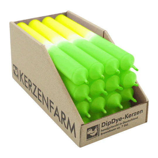 DIP DYE Stabkerzen aus Paraffin, 180/22 mm, Neongelb-Grün, KERZENFARM HAHN, Brenndauer ca. 7h, 16 Stück pro Verpackung