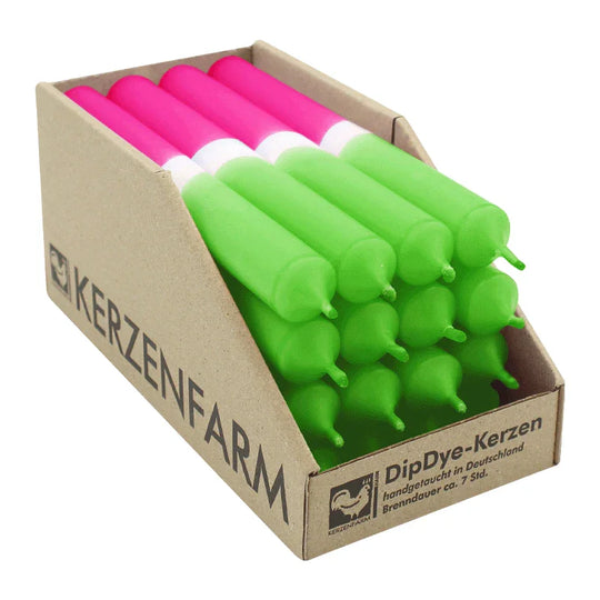DIP DYE Stabkerzen aus Paraffin, 180/22 mm, Neongrün-Pink, KERZENFARM HAHN, Brenndauer ca. 7h, 16 Stück pro Verpackung