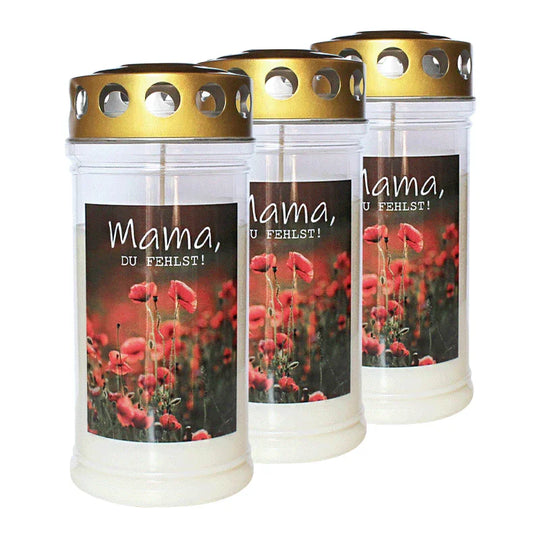 JEKA-Motivkerze "Mama", 100% Pflanzenöl, 75/170 mm, Brenndauer bis zu 4 Tage, Lieferumfang 3 Stück, Grabkerzen