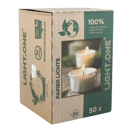 LIGHT.ONE, vegane Teelichter mit 100% Rapswachsfüllung, WENZEL, Hülle aus 100% Papier, Brenndauer ca. 6h, 25/42 mm, 100% plastikfrei, Box mit 50 Stück