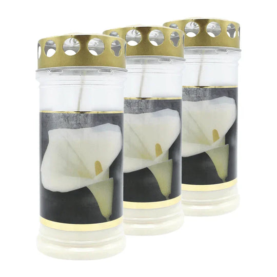 MEMORIAM-Motivkerze „Gold Calla", Nr. 416, AETERNA, mit Golddeckel, 75/170 mm, 30% Ölgehalt, Brenndauer 4 Tage, Lieferumfang 3 Stück, Grabkerzen