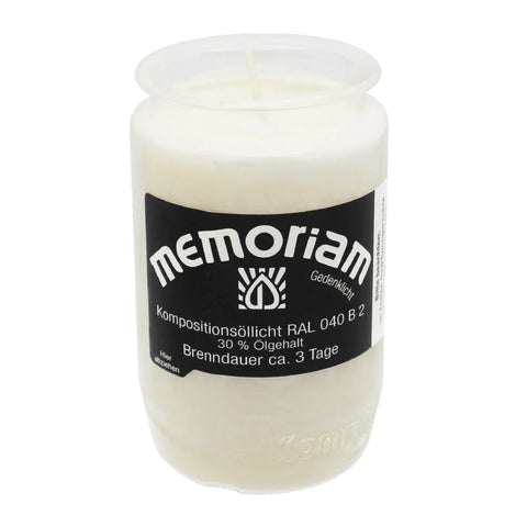 MEMORIAM-Kompositionsöllicht, Weiß, Nr. 333, AETERNA, 30% Ölgehalt, Brenndauer ca. 3 Tage, 95/58 mm, Karton mit 20 Stück - luterna.de