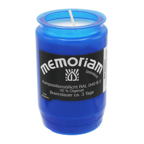 MEMORIAM-Kompositionsöllicht, Blau, Nr. 336, AETERNA, 30% Ölgehalt, Brenndauer ca. 3 Tage, 95/58 mm, Karton mit 20 Stück - luterna.de