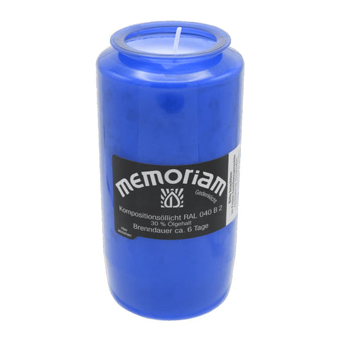 MEMORIAM-Kompositionsöllicht, Blau, Nr. 736, AETERNA, 30% Ölgehalt, Brenndauer ca. 6 Tage, 136/68 mm, Karton mit 20 Stück - luterna.de