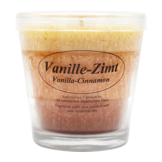 Duftkerze im Glas, Vanille-Zimt, 100% pflanzliches Stearin, KERZENFARM HAHN, mit reinen ätherischen Ölen, Brenndauer ca. 24h