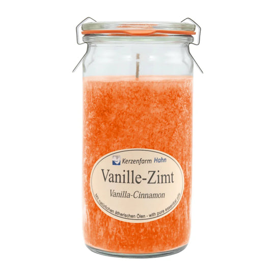 Duftkerze im XL-Weckglas®, Vanille-Zimt, 100% pflanzliches Stearin, KERZENFARM HAHN, mit reinen ätherischen Ölen, Brenndauer ca. 40h
