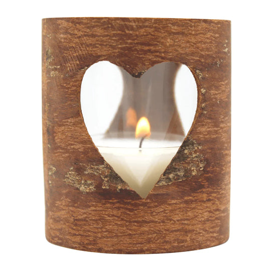Teelichthalter aus natürlicher Zimtrinde mit Glaseinsatz, rund, Herz, H70 x Ø60 mm, KERZENFARM HAHN