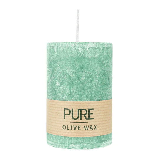 PURE OLIVE WAX, Smaragd, vegane Stumpenkerze, WENZEL, 90/60 mm, Brenndauer ca. 26h
