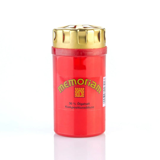 MEMORIAM-Kompositionsöllicht mit Golddeckel, Rot, Nr. 23, AETERNA, Brenndauer ca. 2.5 Tage, 125/60 mm, Karton mit 20 Stück