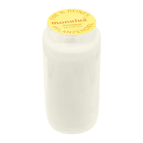 MONULUX-Glasöllicht, 100% reines Pflanzenöl, Weiß, Brenndauer ca. 120 Stunden, 140/65 mm, Karton mit 20 Stück - luterna.de