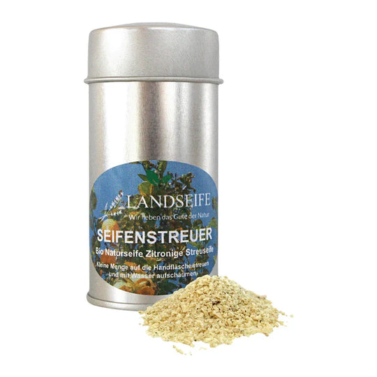 Seifenstreuer mit Lemon-Brennessel-Seife, Landseife Naturkosmetik, 100% Bio, handgefertigt & vegan, 40 g, Körperpflege
