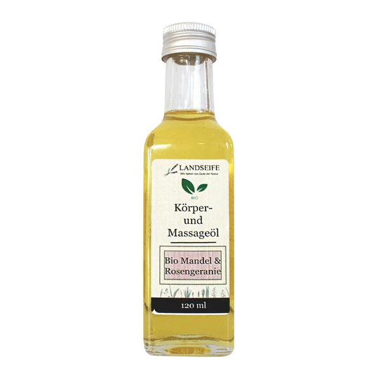 Körper- & Massageöl Mandel & Rosengeranie, Landseife Naturkosmetik, 100% Bio, handgefertigt & vegan, 120 ml