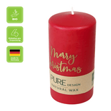 100% PURE, NATURAL WAX, Stumpenkerze „Merry Christmas“, Karminrot-Gold, WENZEL, 130/70 mm, Brenndauer ca. 52h, 100% plastikfrei, 4 Stück - luterna.de