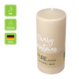 100% PURE, NATURAL WAX, Stumpenkerze „Merry Christmas“, Sahara-Weiß, WENZEL, 130/60 mm, Brenndauer ca. 41h, 100% plastikfrei, 4 Stück