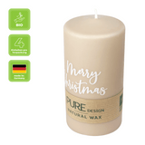 100% PURE, NATURAL WAX, Stumpenkerze „Merry Christmas“, Sahara-Weiß, WENZEL, 130/70 mm, Brenndauer ca. 52h, 100% plastikfrei, 4 Stück - luterna.de