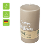 100% PURE, NATURAL WAX, Stumpenkerze „Merry Christmas“, Sand-Weiß, WENZEL, 130/70 mm, Brenndauer ca. 52h, 100% plastikfrei, 4 Stück - luterna.de