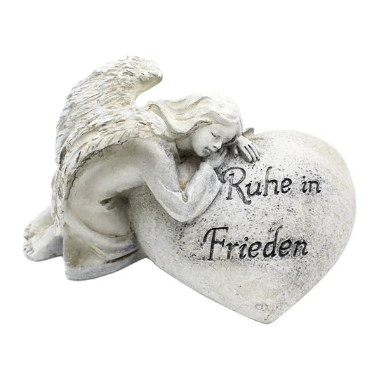 Polyresin-Engel an Herz mit Trauerspruch angeschmiegt, 15xh8cm, grau-antik, Grabschmuck, Grabdekoration