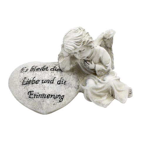 Polyresin-Engel an Herz mit Trauerspruch angeschmiegt, 15xh8cm, grau-antik, Grabschmuck, Grabdekoration
