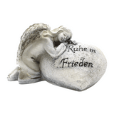 Polyresin-Engel an Herz mit Trauerspruch angeschmiegt, 15xh8cm, grau-antik, Grabschmuck, Grabdekoration