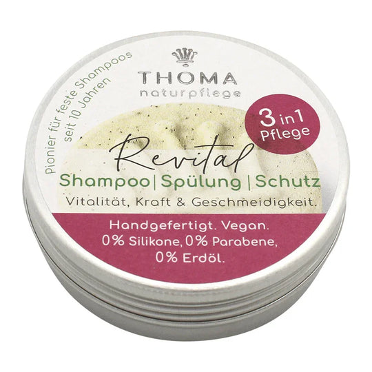 Revital Shampoo – 3 in 1 Pflege – vegan, THOMA Naturseifen-Manufaktur, 55 g, Aludose, Haarpflege
