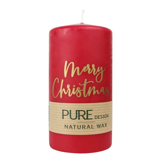PURE NATURAL WAX, Karminrot-Gold, Stumpenkerze „Merry Christmas“, WENZEL, 130/70 mm, Brenndauer ca. 47h, 100% plastikfrei, 4 Stück