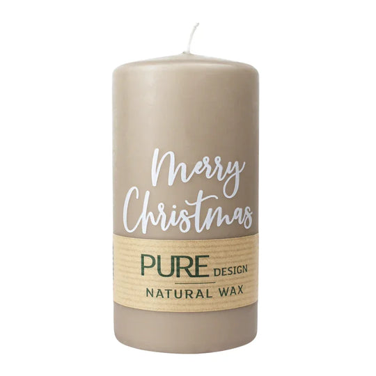 PURE NATURAL WAX, Sand-Weiß, Stumpenkerze „Merry Christmas“, WENZEL, 130/70 mm, Brenndauer ca. 47h, 100% plastikfrei, 4 Stück
