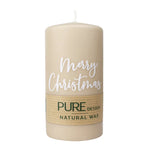 PURE NATURAL WAX, Sahara-Weiß, Stumpenkerze „Merry Christmas“, WENZEL, 130/70 mm, Brenndauer ca. 47h, 100% plastikfrei, 4 Stück