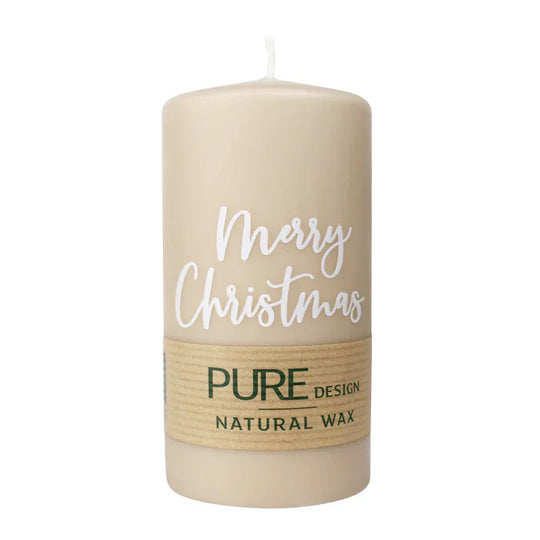 PURE NATURAL WAX, Sahara-Weiß, Stumpenkerze „Merry Christmas“, WENZEL, 130/70 mm, Brenndauer ca. 47h, 100% plastikfrei, 4 Stück