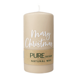 100% PURE, NATURAL WAX, Stumpenkerze „Merry Christmas“, Sahara-Weiß, WENZEL, 130/70 mm, Brenndauer ca. 52h, 100% plastikfrei, 4 Stück