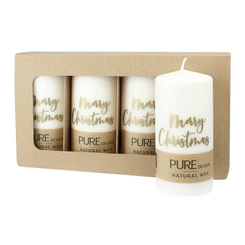 Natural-Gold, Stumpenkerze „Merry Christmas“, 47h, 4 Stück