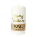 PURE NATURAL WAX, Natural-Gold, Stumpenkerze "Merry Christmas“, WENZEL, 130/70 mm, Brenndauer ca. 47h, 100% plastikfrei, 4 Stück