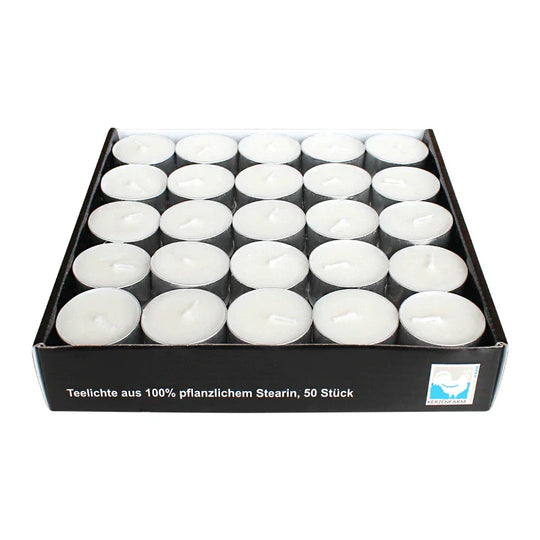 Stearin-Teelichte, 14/38 mm, KERZENFARM HAHN, Brenndauer ca. 3h, mit Aluminiumhülle, 50 Stück pro Verpackung