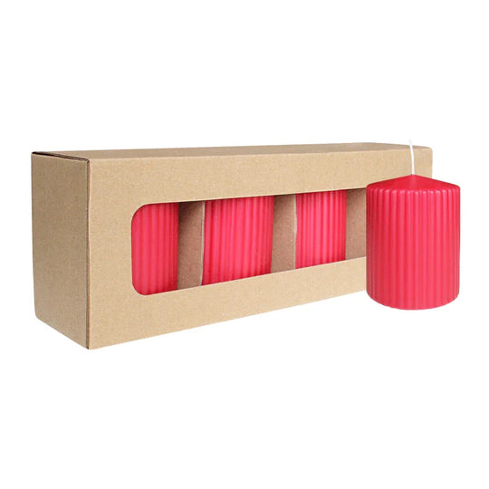 Stumpenkerze mit Rillen aus Paraffin, Karminrot, WENZEL, 90/70 mm, Brenndauer ca. 39h, selbstverlöschend, 4 Stück