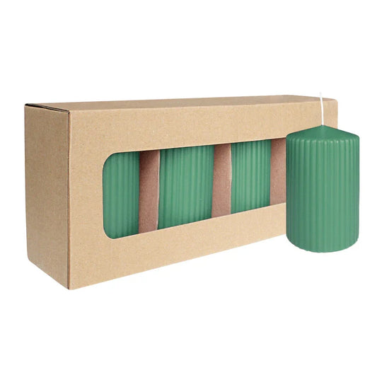 Stumpenkerze mit Rillen aus Paraffin, Smaragd, WENZEL, 130/70 mm, Brenndauer ca. 57h, selbstverlöschend, 4 Stück