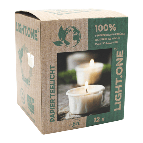 LIGHT.ONE, vegane Teelichter mit 100% Rapswachsfüllung, Hülle aus 100% Papier, Brenndauer ca. 6h, 25/42 mm, 100% plastikfrei, Box mit 12 Stück