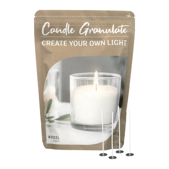 Kerzengranulat zum Selbergießen, Neutral, WENZEL, inkl. 4 Dochten & Dochthaltern, 400 g