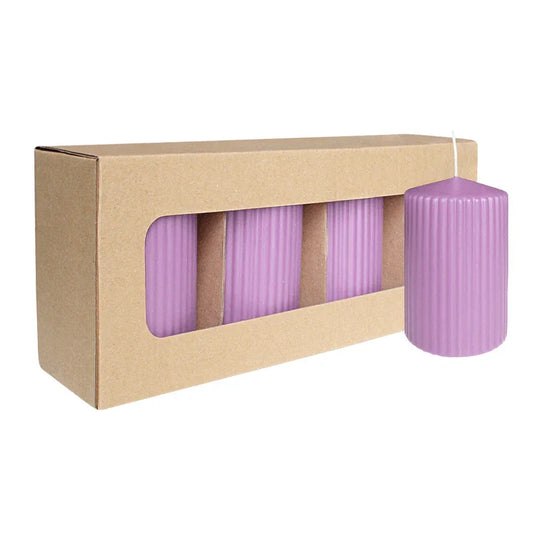 Stumpenkerze mit Rillen aus Paraffin, Flieder, WENZEL, 130/70 mm, Brenndauer ca. 57h, selbstverlöschend, 4 Stück
