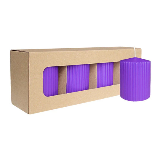 Stumpenkerze mit Rillen aus Paraffin, Lila, WENZEL, 90/70 mm, Brenndauer ca. 39h, selbstverlöschend, 4 Stück