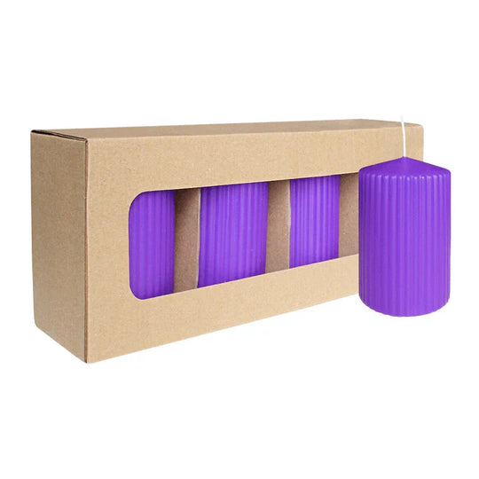 Stumpenkerze mit Rillen aus Paraffin, Lila, WENZEL, 130/70 mm, Brenndauer ca. 57h, selbstverlöschend, 4 Stück