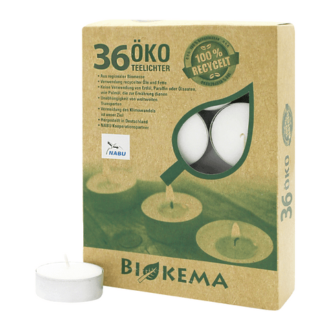 100% ÖKO-Teelichter aus regionaler Bio-Masse, BIOKEMA, Ø38 mm, Brenndauer ca. 4h, mit Aluminiumhülle, 36 Stück pro Verpackung