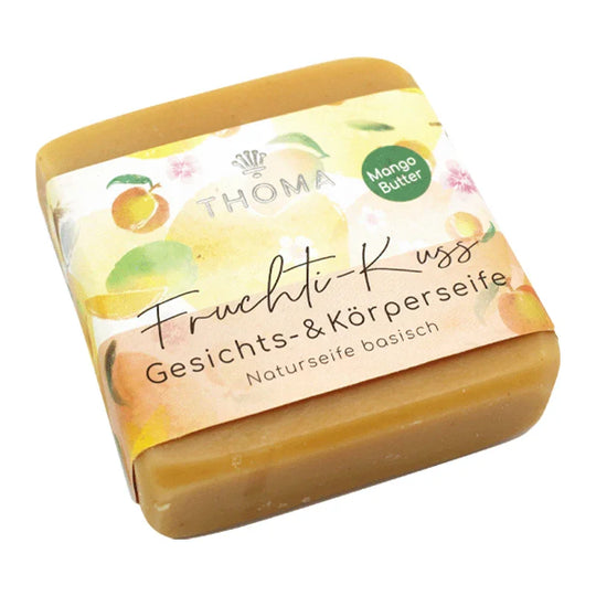 Fruchtikuss Mangobutterseife – vegan, THOMA Naturseifen-Manufaktur, für trockene, feuchtigkeitsarme Haut, 100 g, Körperpflege