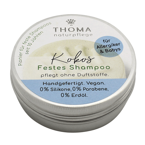 Kokos-Shampoo – vegan, THOMA Naturseifen-Manufaktur, ohne Duft für Allergiker, 55 g, handgefertigt, Aludose, Haarpflege
