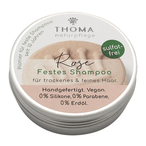 Luxus-Shampoo – vegan, THOMA Naturseifen-Manufaktur, mit Rosenblütenwachs für trockenes & feines Haar, 55 g, Aludose, Haarpflege