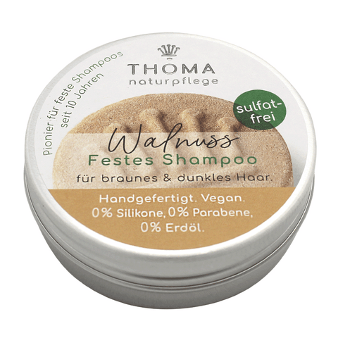 Walnuss-Shampoo – vegan, THOMA Naturseifen-Manufaktur, für braunes & dunkles Haar, handgefertigt, 55 g, Aludose, Haarpflege