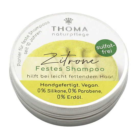 Zitronen-Shampoo – vegan, THOMA Naturseifen-Manufaktur, hilft bei leicht fettendem Haar, 55 g, Aludose, Haarpflege