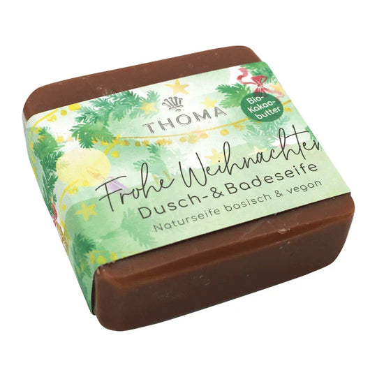 Naturseife mit Sheabutter, Frohe Weihnachten, THOMA Naturseifen-Manufaktur, für eine wohltuende Hautpflege, 100 g, Körperpflege