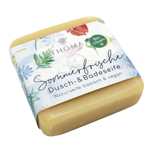 Olivenölseife, Sommerfrische, THOMA Naturseifen-Manufaktur, mit frisch blumigem Duft & Kakaobutter, vegan, 100 g, Körperpflege